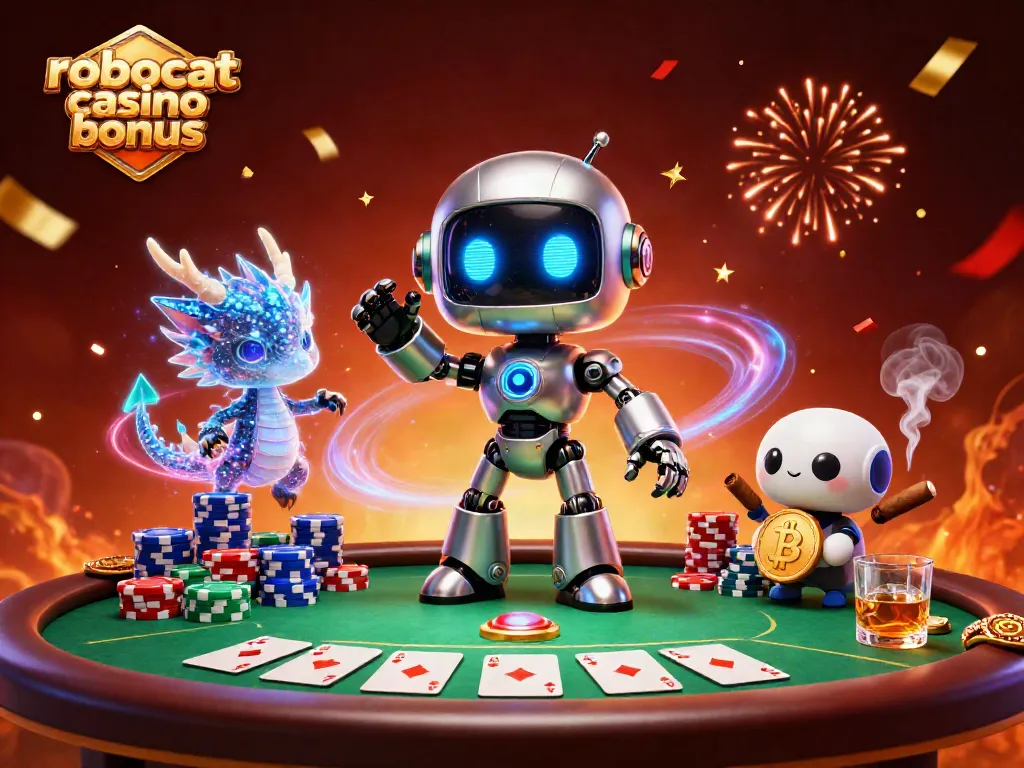 Win big with the robocat casino bonus, featuring a cyberpunk robot and holographic elements.