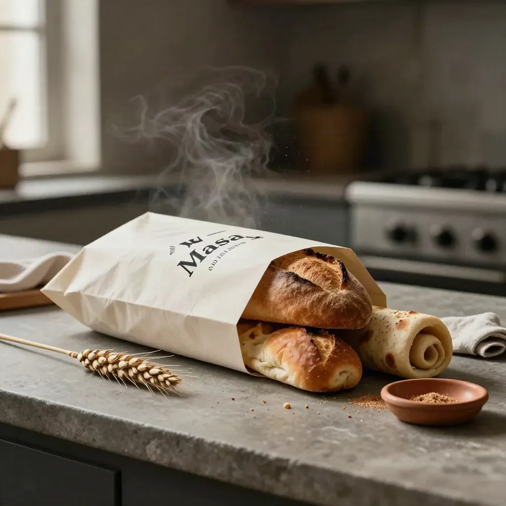 Caja abierta de panadería con hogaza, bollo, masa de pizza y espiga sobre piedra.