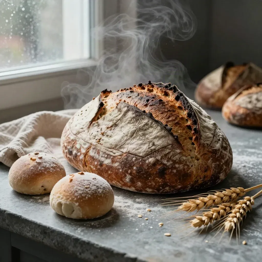 Pan artesanal de masa madre con panecillos, lino y espigas en obrador oscuro.