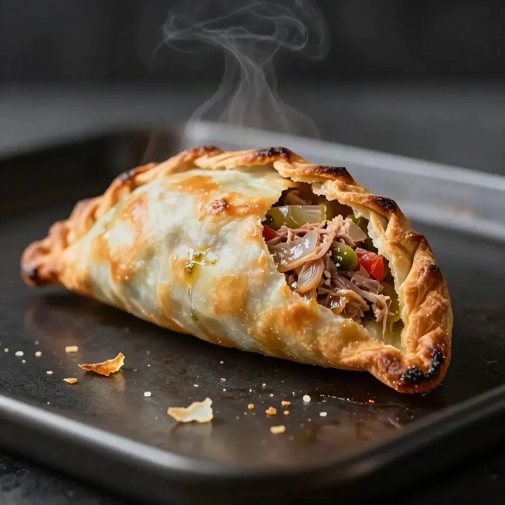 Empanada de atún dorada y humeante con migas sobre bandeja oscura.