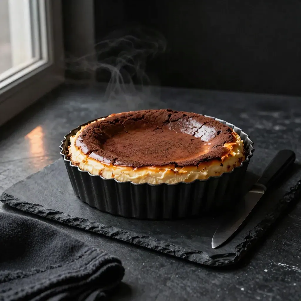 Tarta de queso al horno recién salida, sobre piedra negra, con cuchillo y paño oscuro.