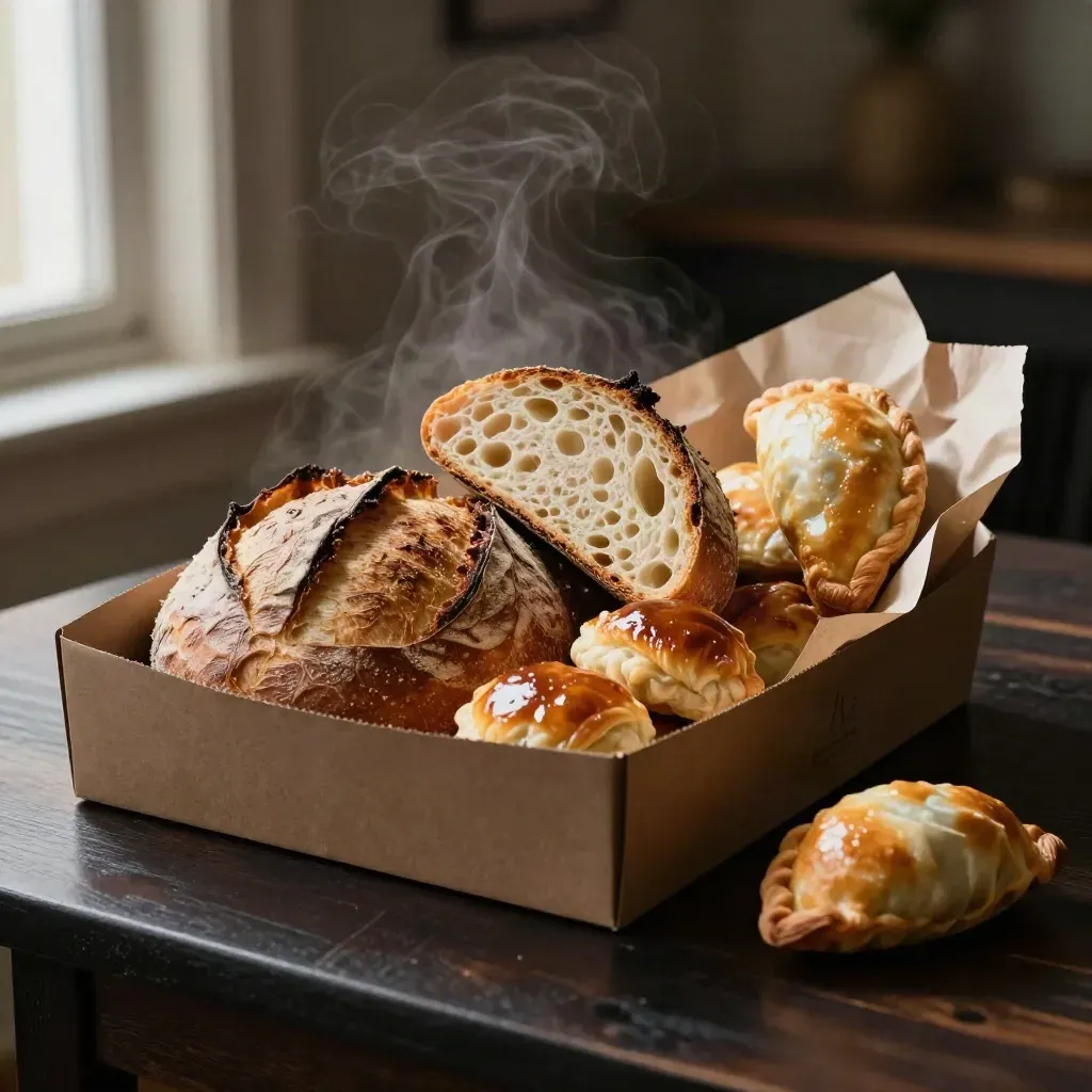 Caja de horno abierta con pan de masa madre, bollería y una empanada sobre madera oscura.
