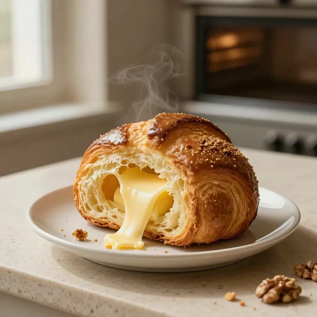 Brioche de mantequilla abierta sobre plato de porcelana con migas y vapor suave.