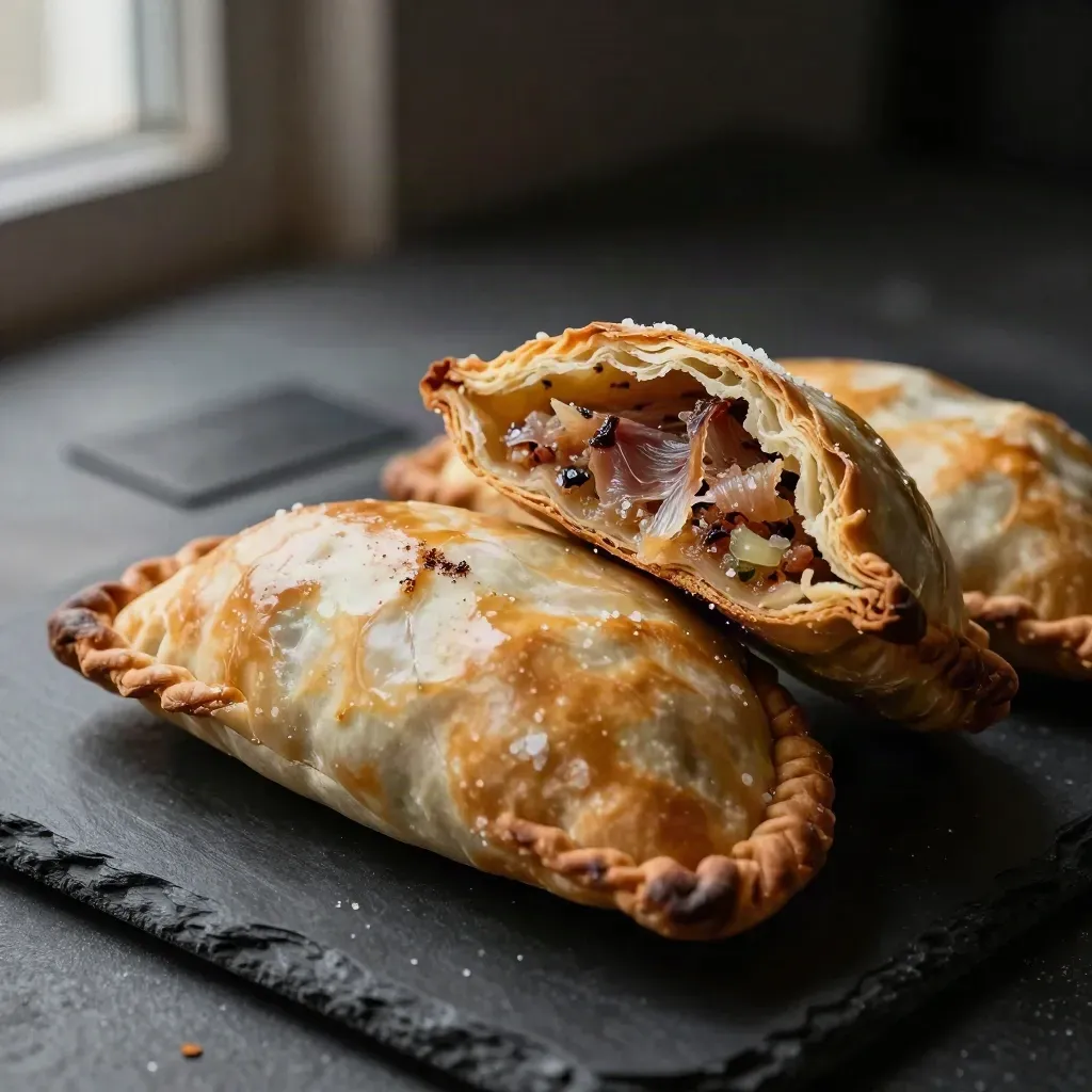 Empanada gallega rectangular con una porción levantada y relleno de bonito visible.
