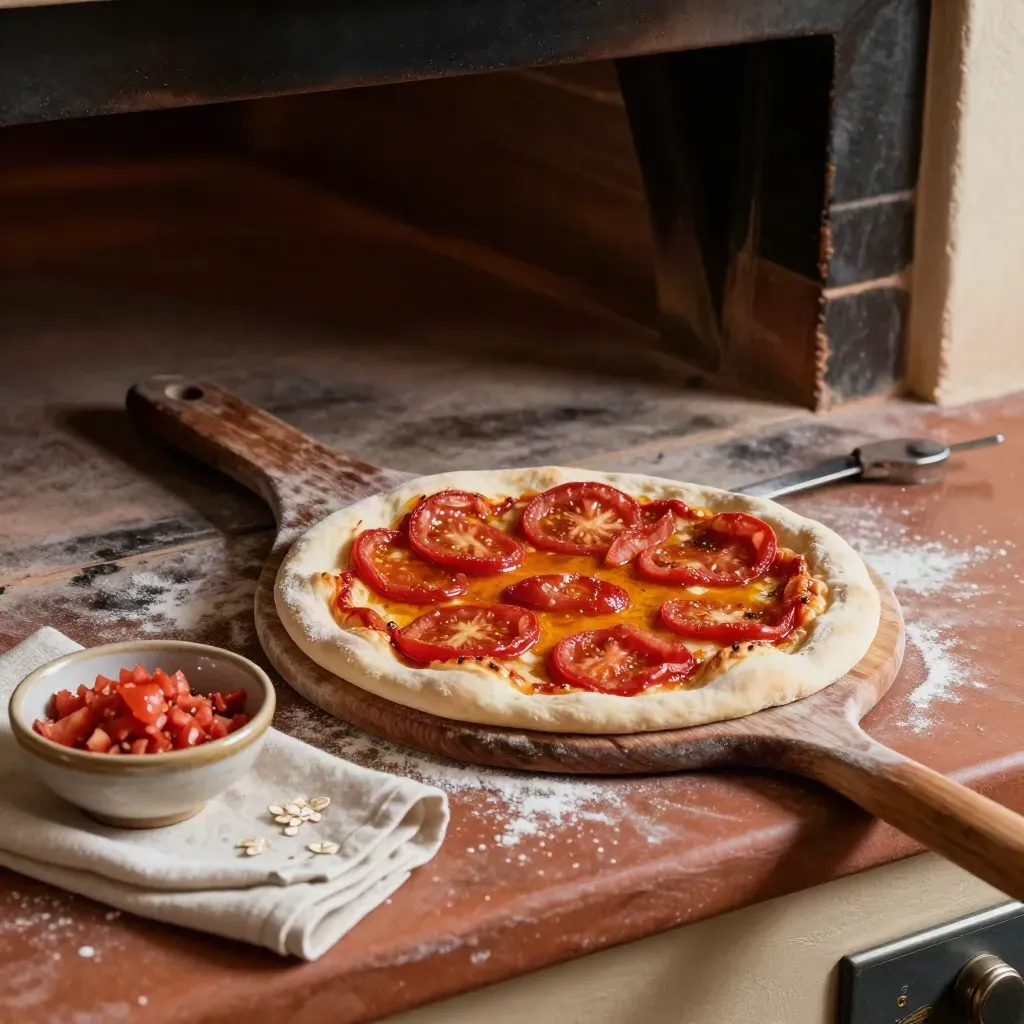 Pizza fina de tomate sobre pala de madera frente al horno, con luz cálida y fondo oscuro.