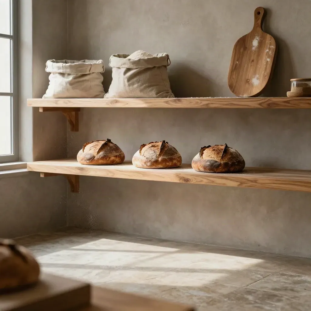 Panes de masa madre sobre mesa de madera en obrador de piedra, con sacos de harina al fondo.