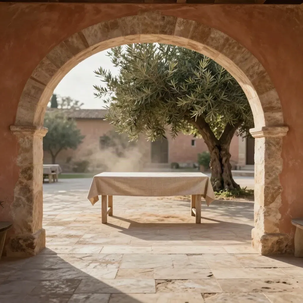 Patio de piedra con arco bajo, mesa vacía y olivo lejano, luz cálida y espacio para texto.