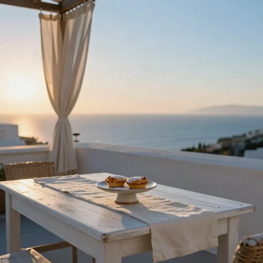 Terraza de azotea con mesa de madera blanqueada, cortina crema y mar lejano al atardecer.