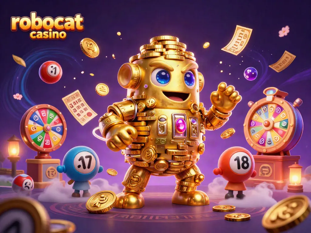 Experience the thrill of robocat casino with a vibrant 3D scene featuring dynamic lottery elements.